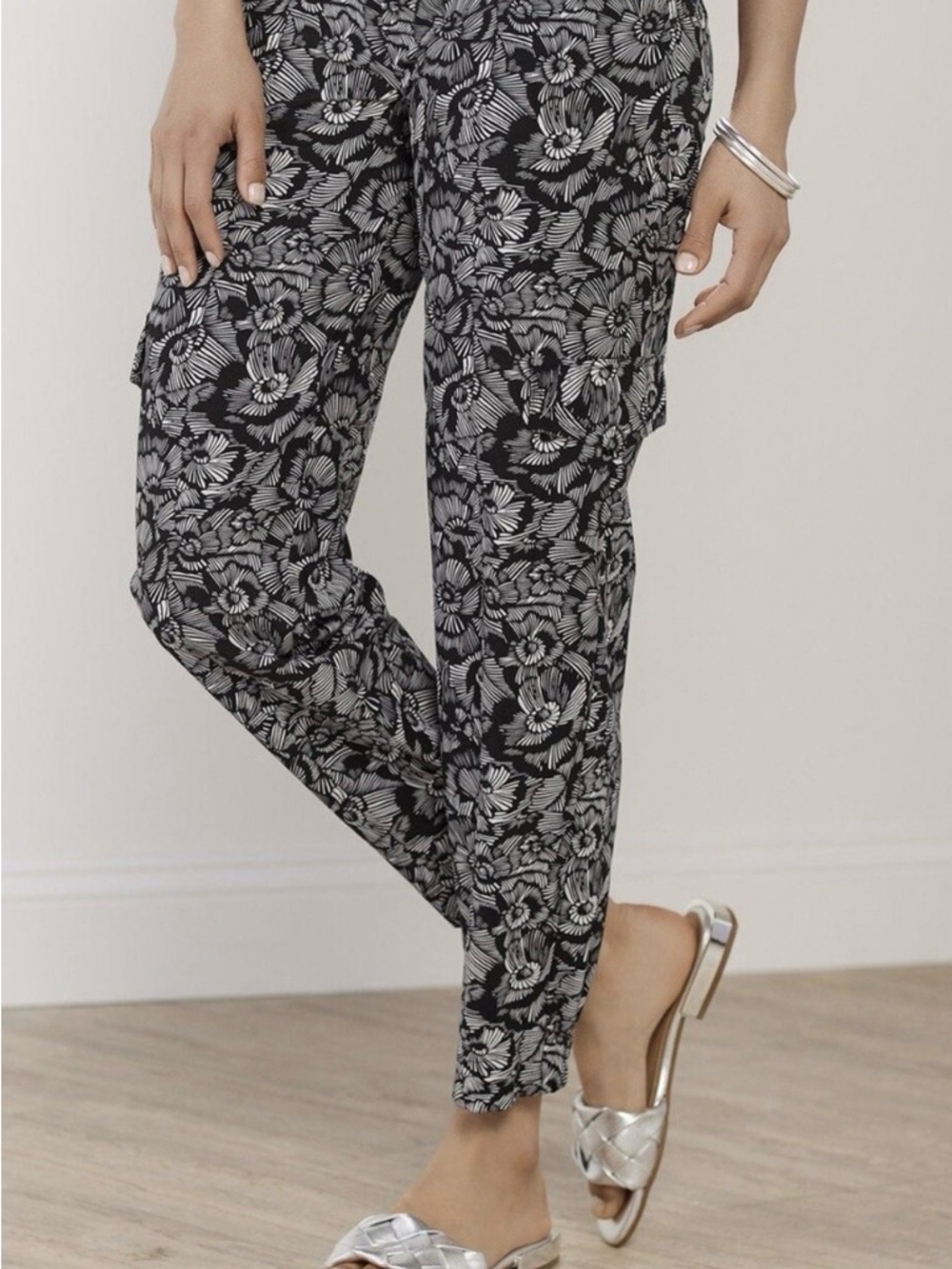 Soft Surroundings Go Lively Black & White Floral Track Joggers - Picture 6 of 11